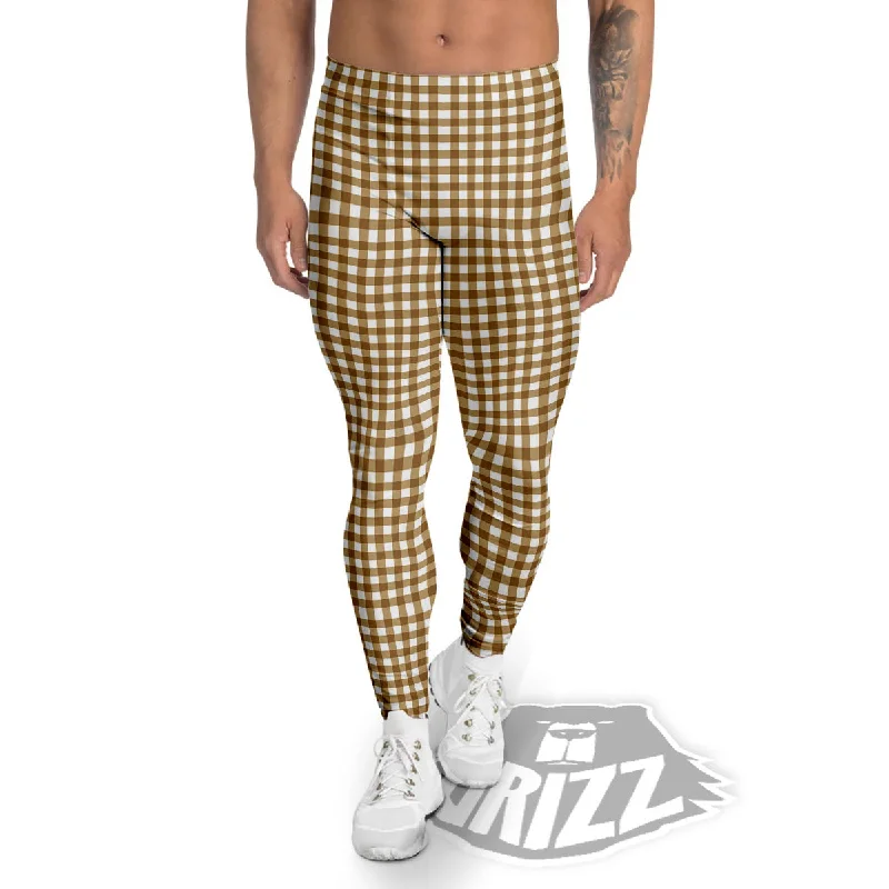Bonus Savings Gingham White And Brown Print Pattern Men's Leggings