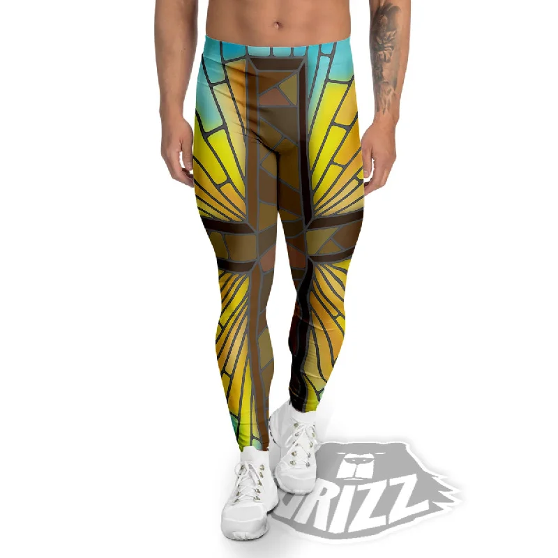 Fantastic Deals Glass Cross Blue Stained Print Men's Leggings