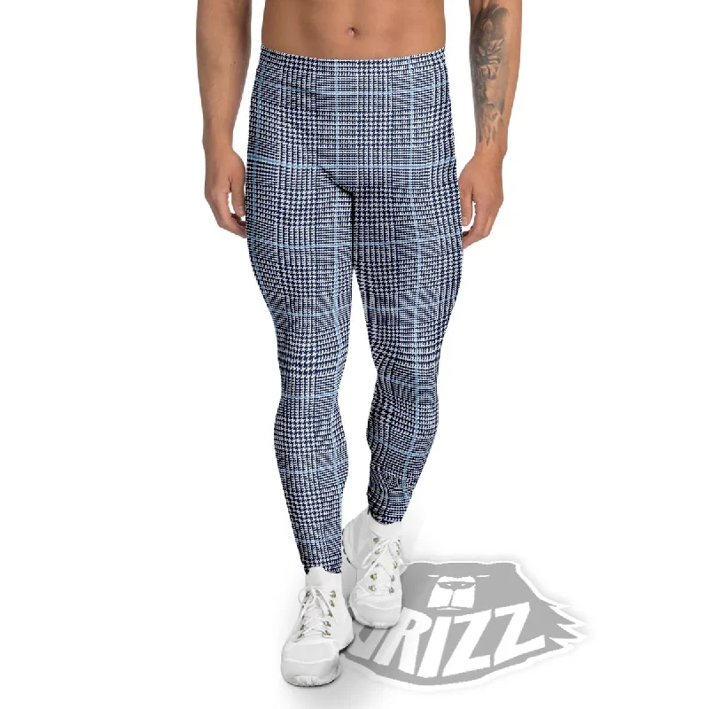 Act Now Glen Plaid White And Blue Print Men's Leggings
