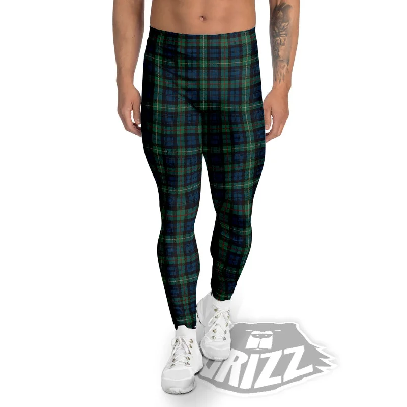 Shop and Save Green Blue And Red Line Tartan Print Pattern Men's Leggings