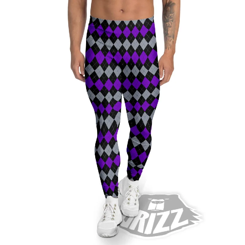 Now or Never Grey Black And Violet Argyle Print Men's Leggings