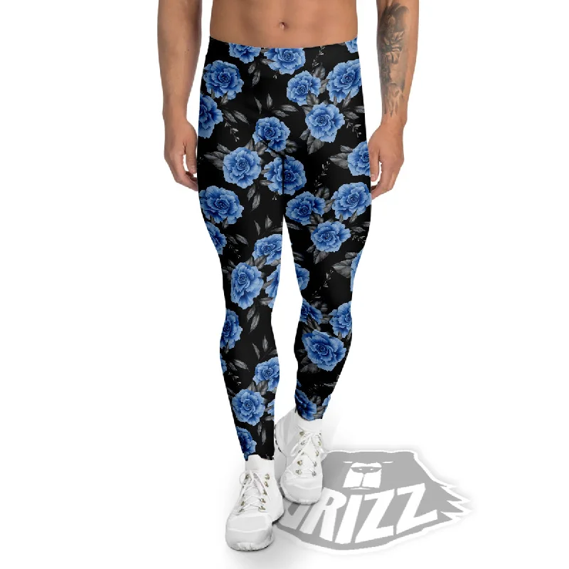 Instant Discount Grey Rose Floral And Blue Peony Print Men's Leggings