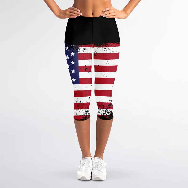 Final Markdown Grunge American Flag Print Women's Capri Leggings