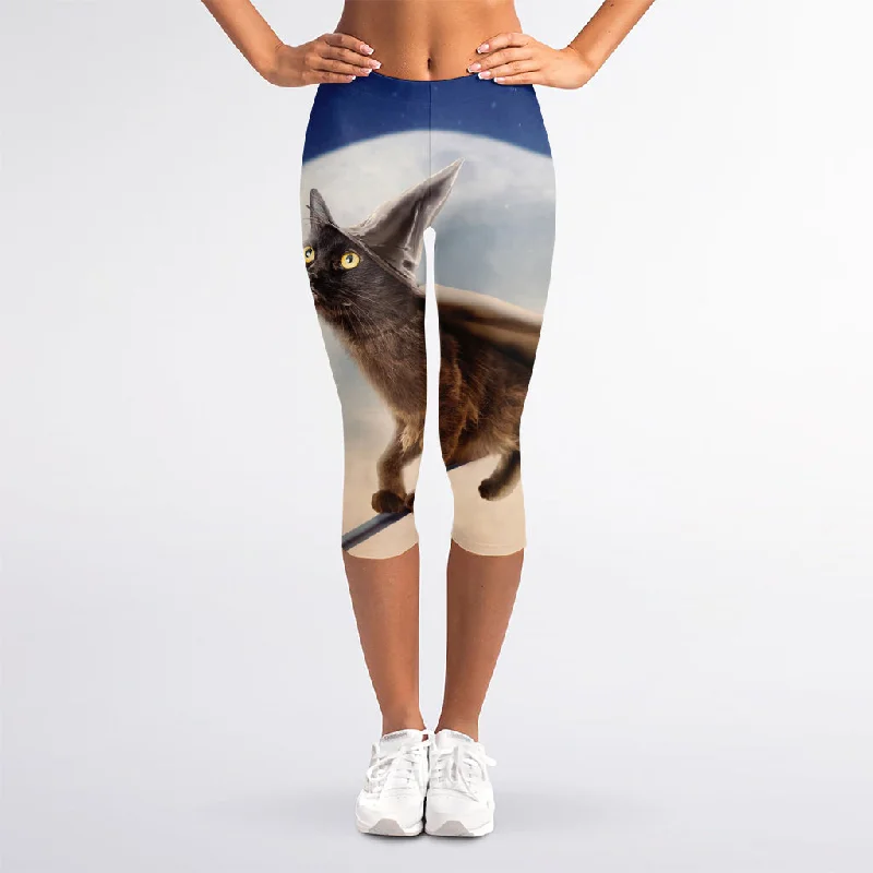 Weekend Deal Halloween Flying Witch Cat Print Women's Capri Leggings