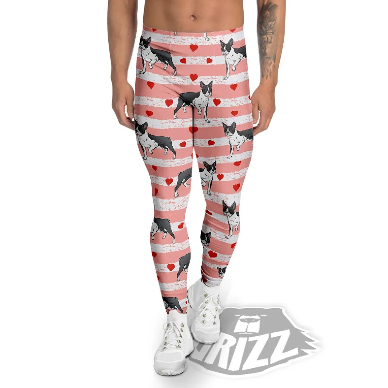 Super Sale Heart And Boston Terrier Print Pattern Men's Leggings