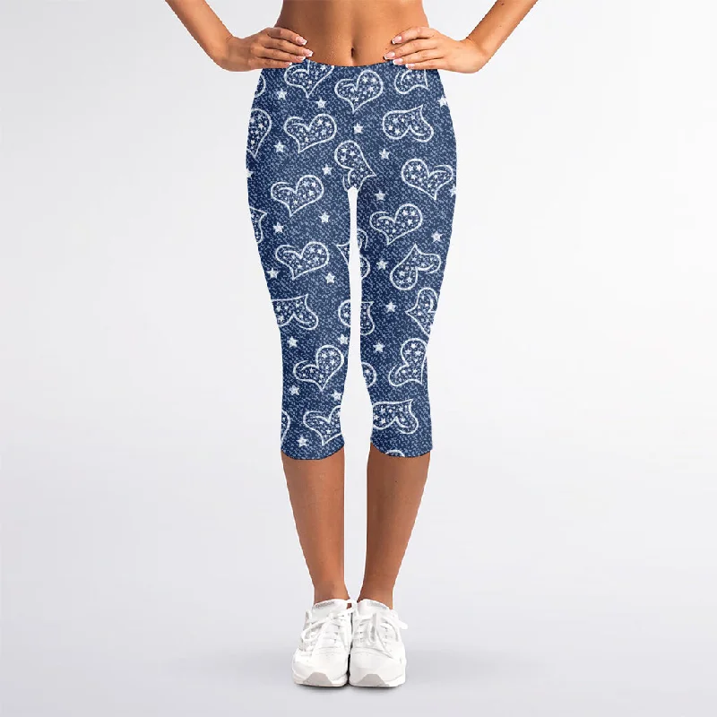 Fantastic Offers Heart And Star Denim Jeans Pattern Print Women's Capri Leggings