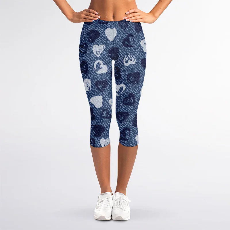 Instant Discount Heart Denim Jeans Pattern Print Women's Capri Leggings
