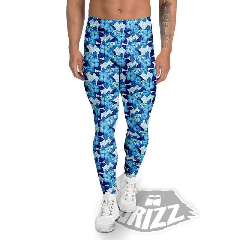 Exclusive Preview Hibiscus Tropical Blue Print Pattern Men's Leggings