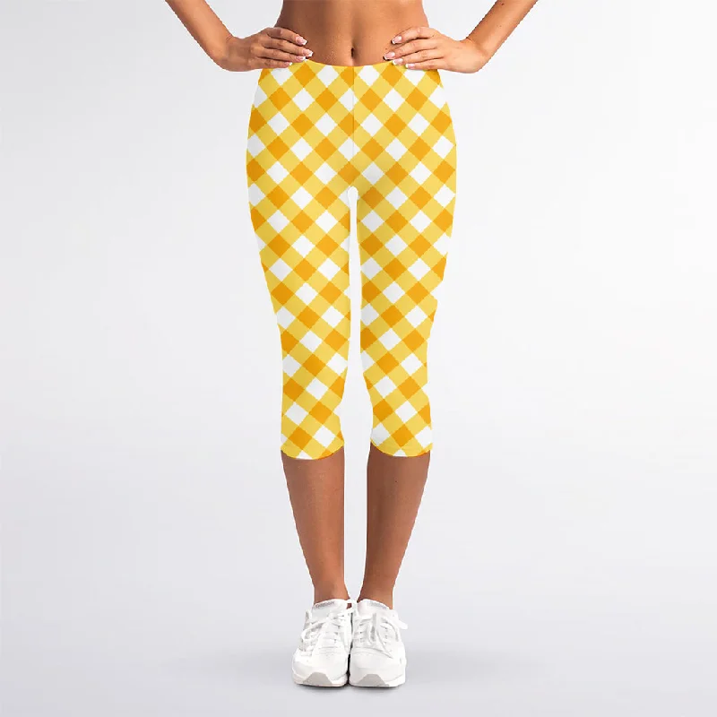 Markdowns Honey Yellow And White Gingham Print Women's Capri Leggings
