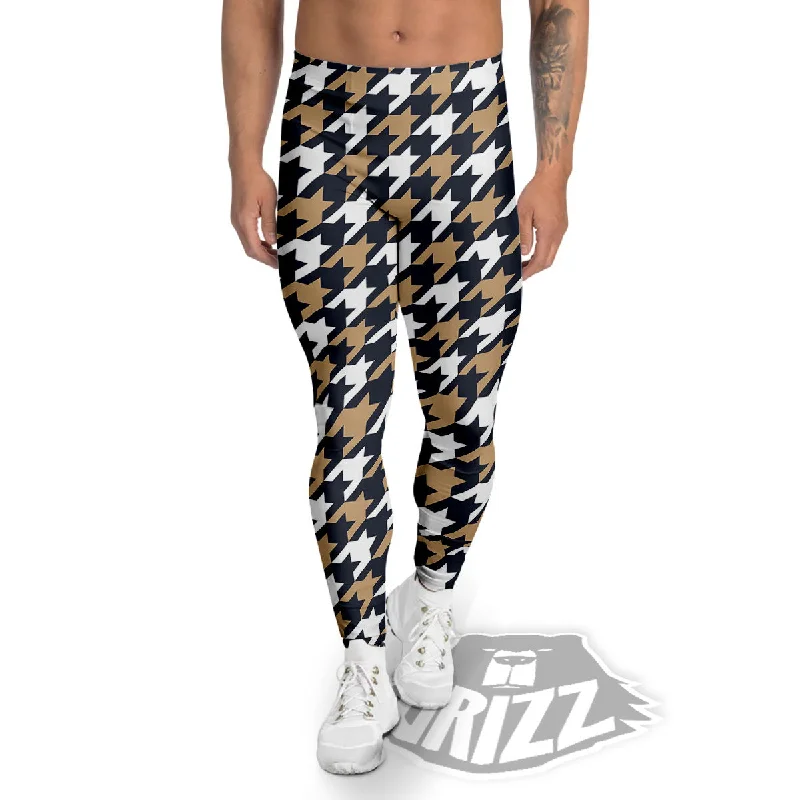 Online Only Houndstooth Tan And Brown Print Pattern Men's Leggings