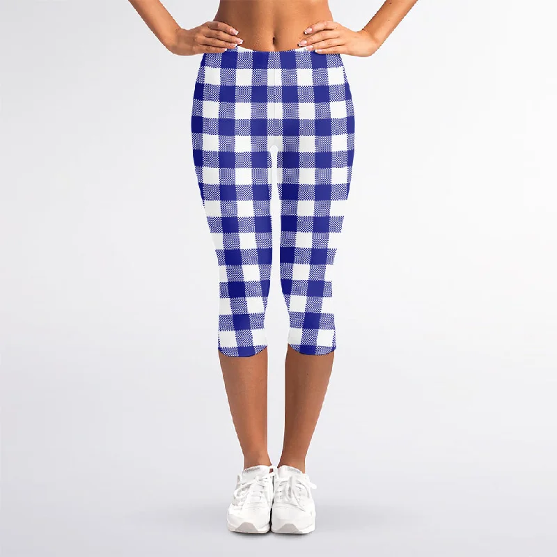 Online Specials Indigo Blue And White Gingham Print Women's Capri Leggings