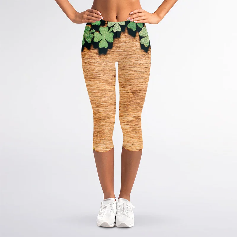 Buy More, Save More Irish Four Leaf Clovers Wood Print Women's Capri Leggings