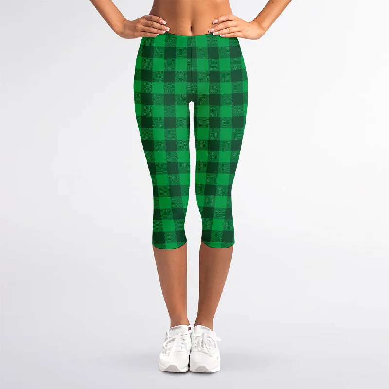 Super Bargain Irish Green Buffalo Check Pattern Print Women's Capri Leggings
