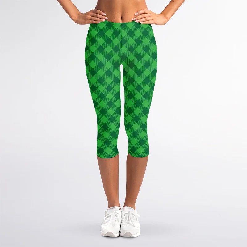 YEAR-End Clearance Irish Green Buffalo Plaid Print Women's Capri Leggings