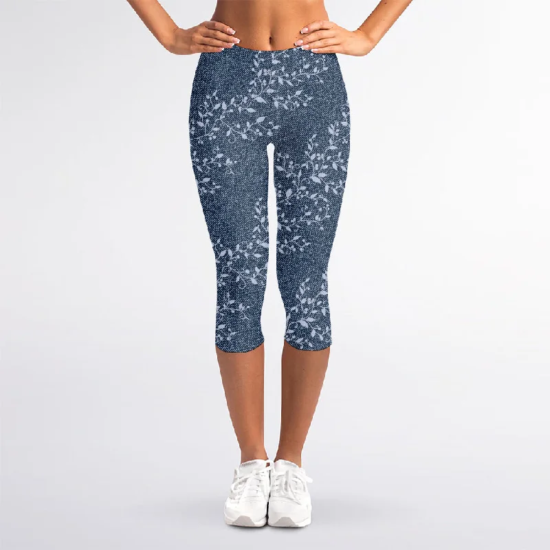 Epic Deals Ivy Flower Denim Jeans Pattern Print Women's Capri Leggings