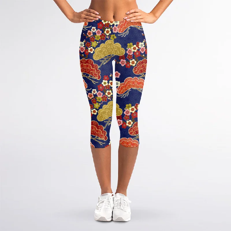Loyalty Reward Japanese Cherry Blossom Pattern Print Women's Capri Leggings