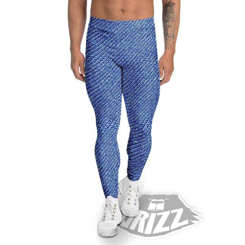Huge Savings Jeans Blue Denim Print Pattern Men's Leggings