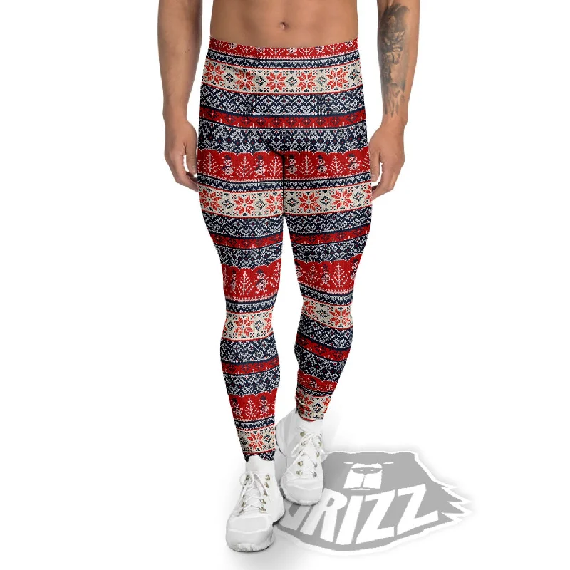 Act Fast Knitted Christmas Snowman Print Pattern Men's Leggings