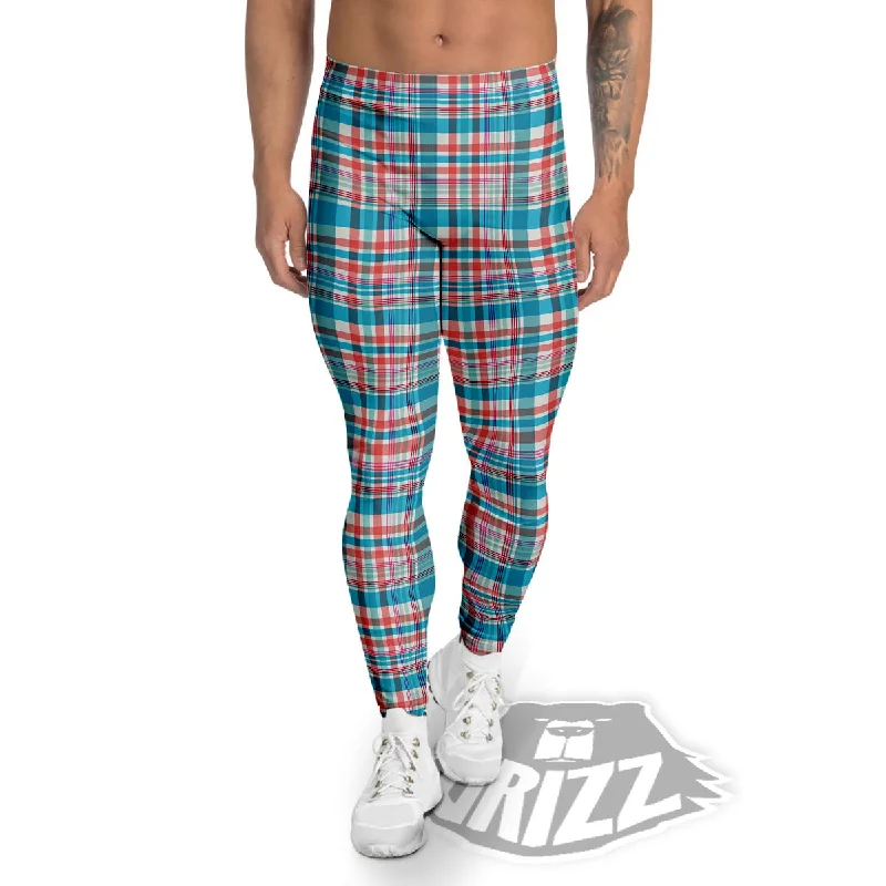 Online Only Madras Red And Blue Print Pattern Men's Leggings