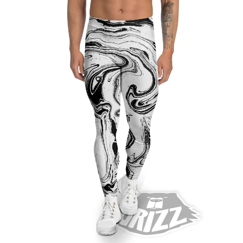 Final Sale Marble Liquid Black White Print Men's Leggings