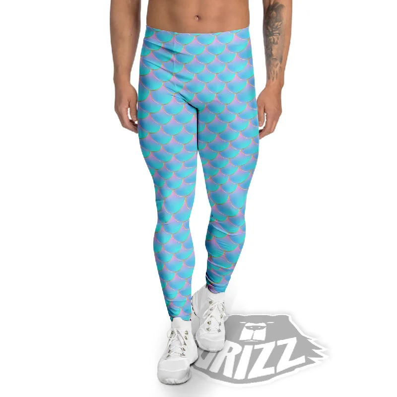 Super Sale Mermaid Scales Blue Neon Print Pattern Men's Leggings