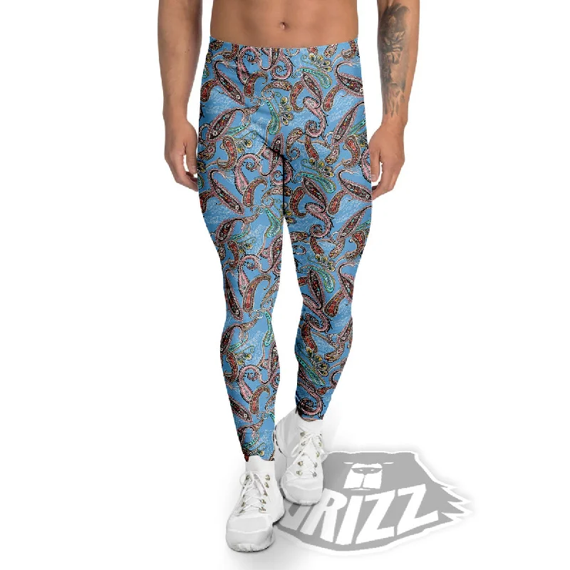 Friends and Family Sale Paisley Bohemian Blue Sky Print Pattern Men's Leggings