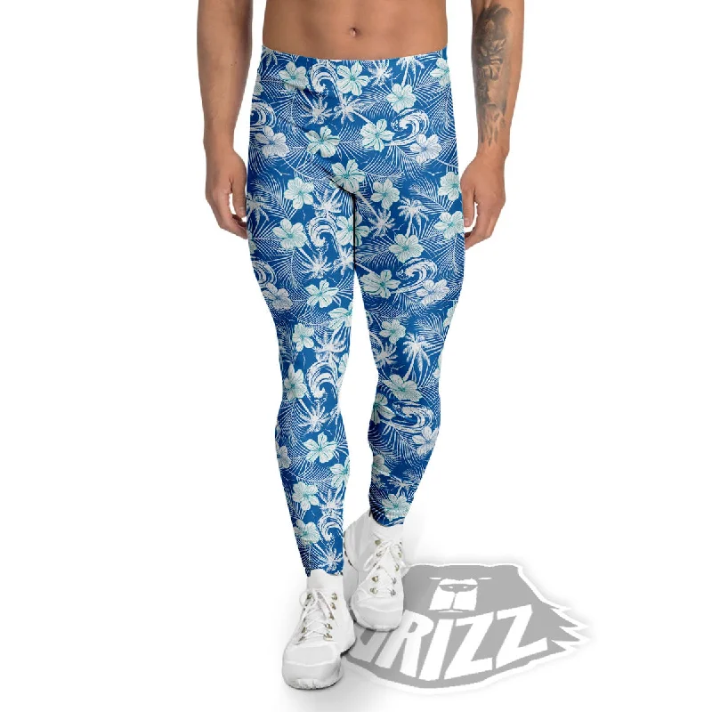 Weekend Flash Sale Palm Tree Blue Hibiscus Print Pattern Men's Leggings
