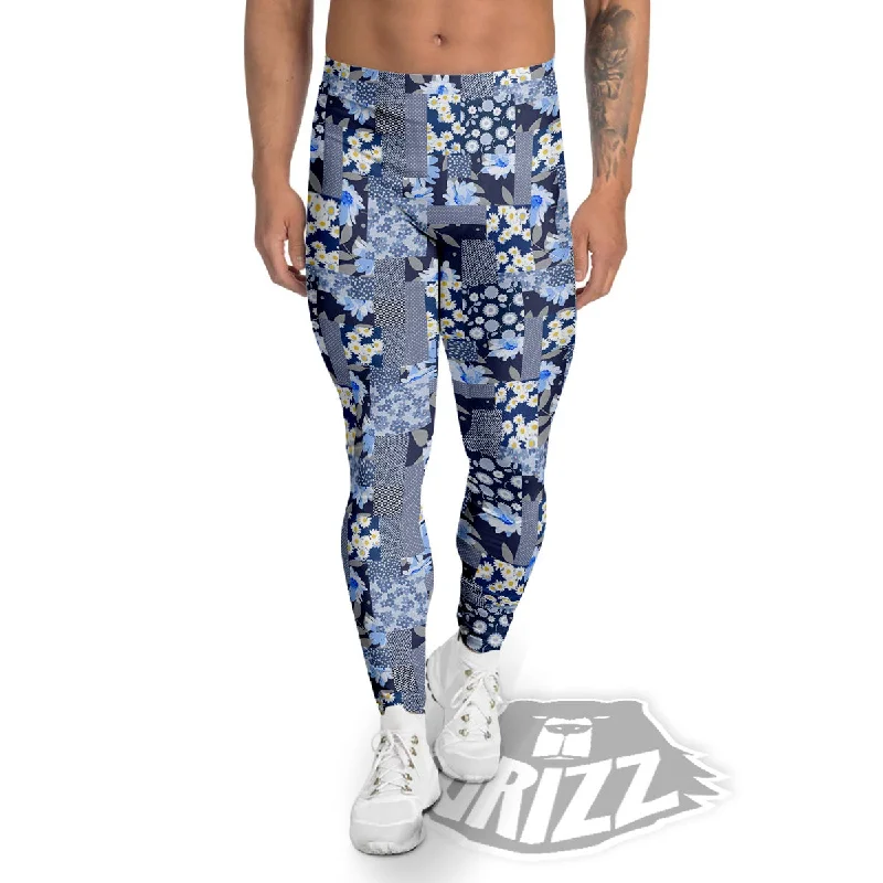 Doorbuster Deal Patchwork Blue Floral Print Pattern Men's Leggings