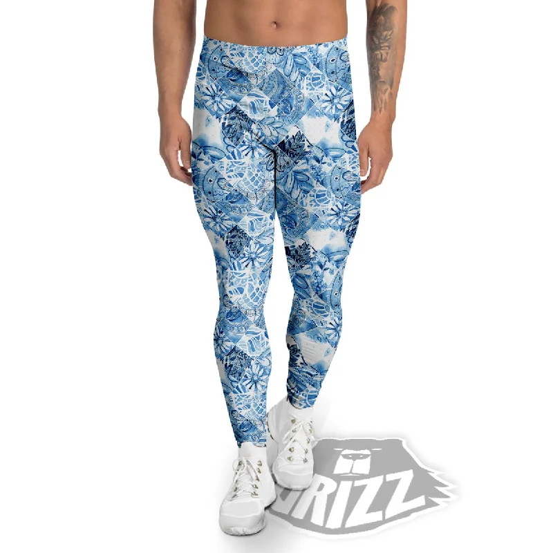 Early Bird Discount Patchwork Blue Flower Print Pattern Men's Leggings