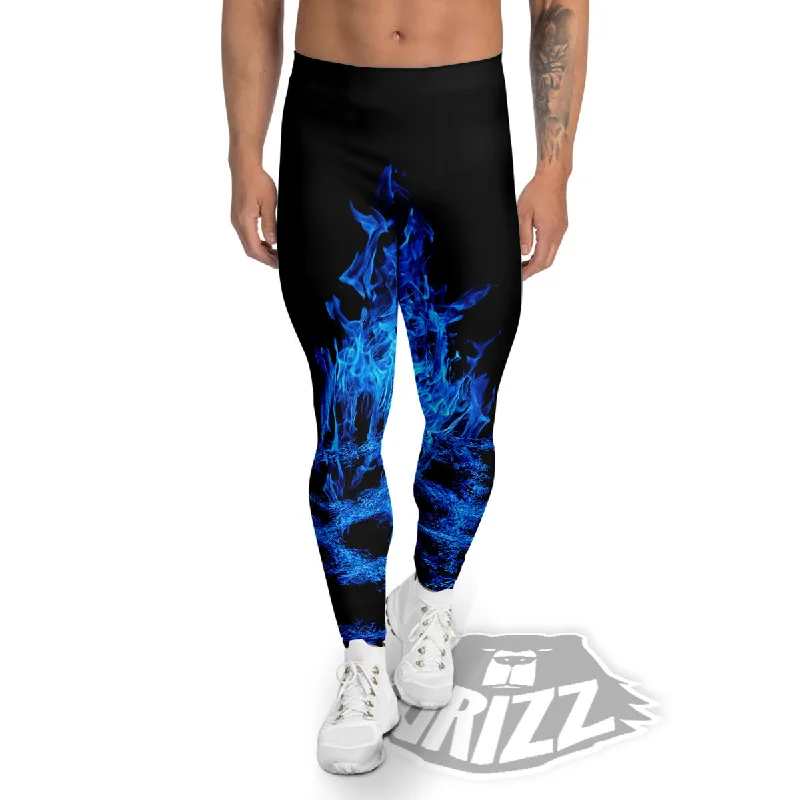 Take Advantage Pentagram Blue Flame Print Men's Leggings
