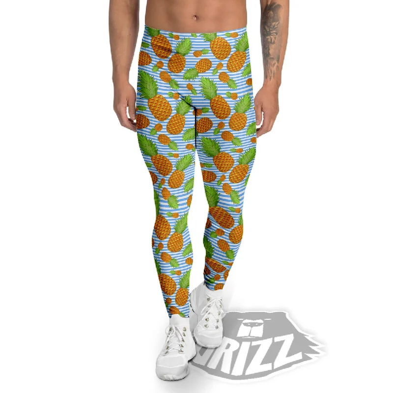 Midnight Madness Pineapple Blue Striped Print Pattern Men's Leggings