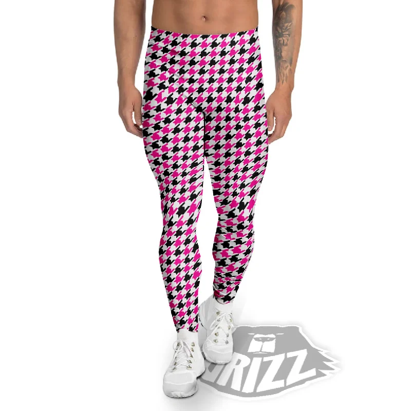 Low Prices Pink Blac And White Houndstooth Print Men's Leggings