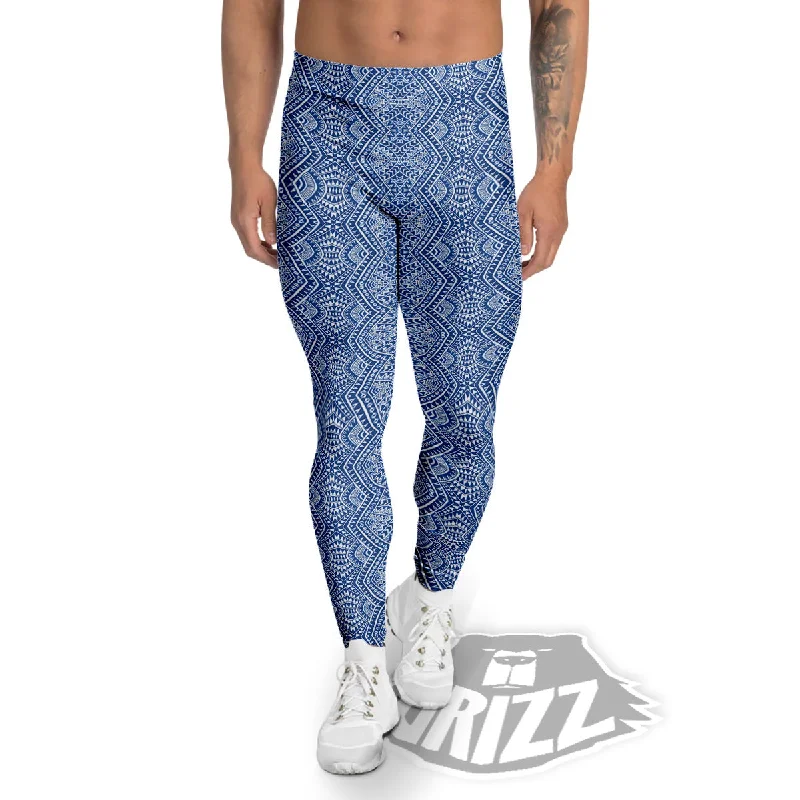Flash Deals Polynesian Tribal Blue Maori Print Men's Leggings