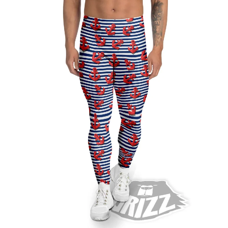 Deal Explosion Red Nautical Anchor Blue Striped Print Men's Leggings