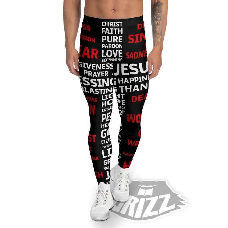 Super Sale Religious Words Christian Cross Print Men's Leggings