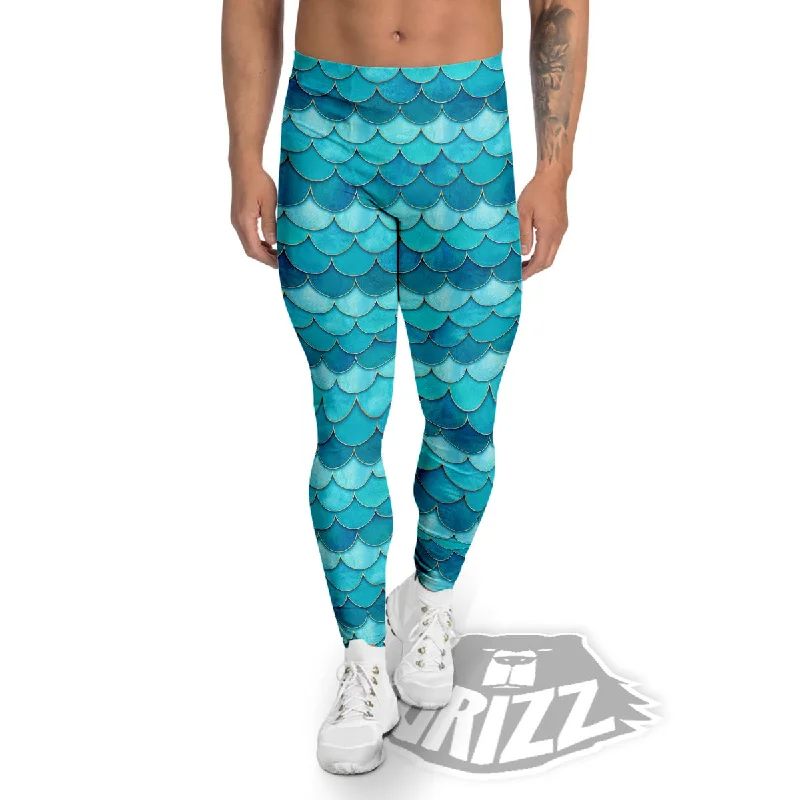Clearance Event Scales Mermaid Blue Print Pattern Men's Leggings