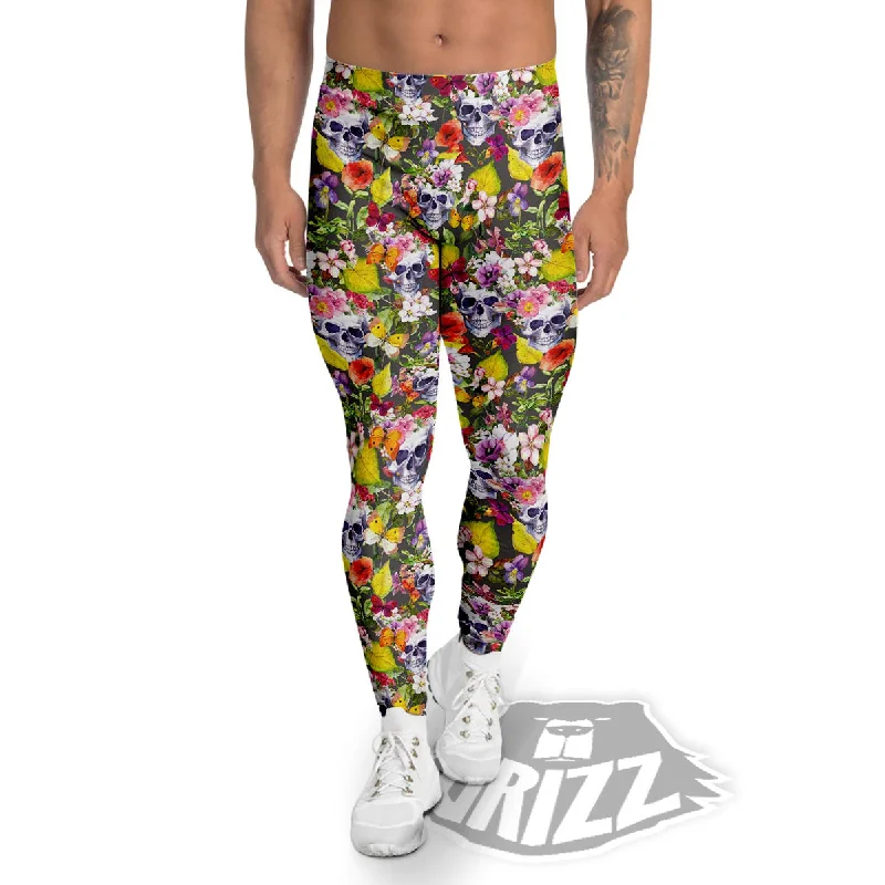 Online Only Skull Blossom Flowers Print Pattern Men's Leggings