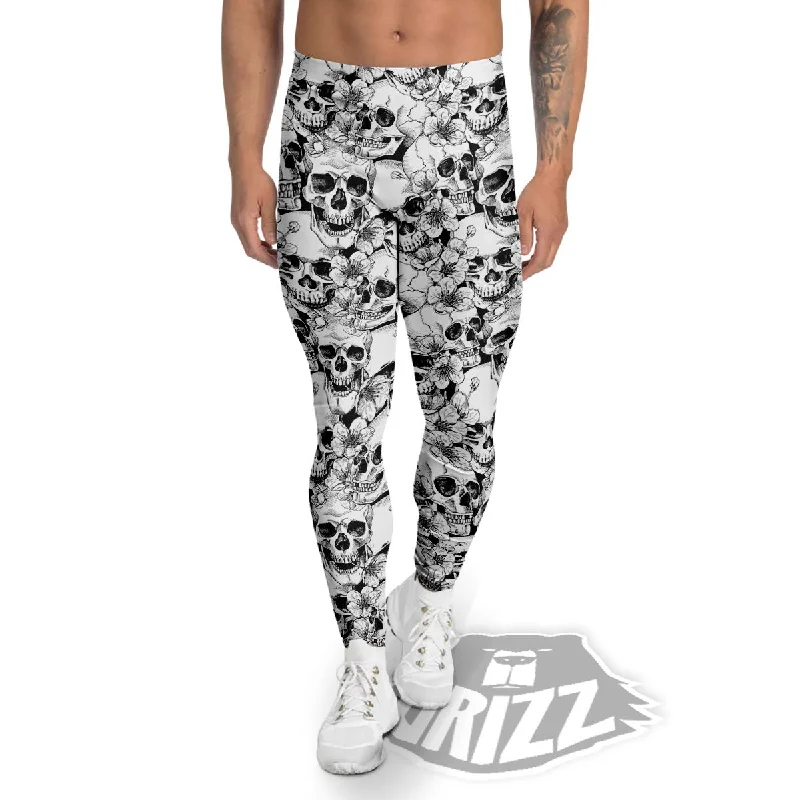 Markdowns Skull Blossom Peony Print Pattern Men's Leggings