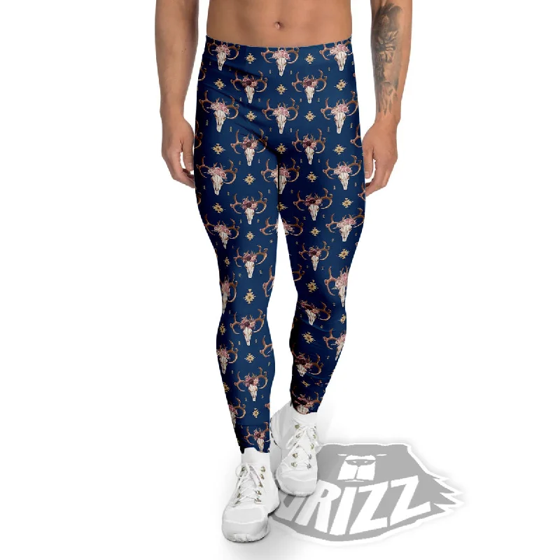 Final Markdown Skull Deer Boho Print Pattern Men's Leggings
