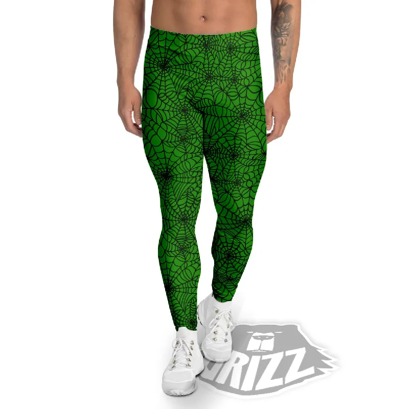 Year-End Clearance Spider Web Green And Black Print Pattern Men's Leggings