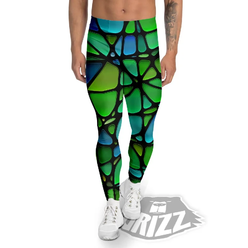 YEAR-End Clearance Stained Glass Green And Blue Print Men's Leggings