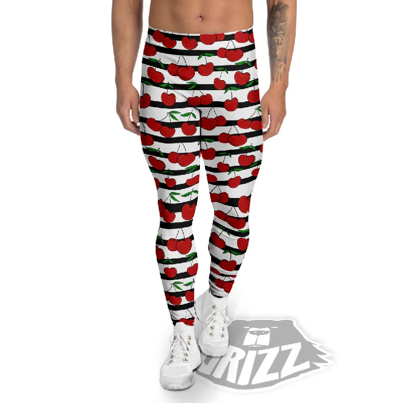 Online Only Striped Cherry Print Pattern Men's Leggings