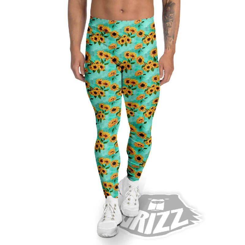 Deal Mania Sunflower Watercolor Blue Print Pattern Men's Leggings