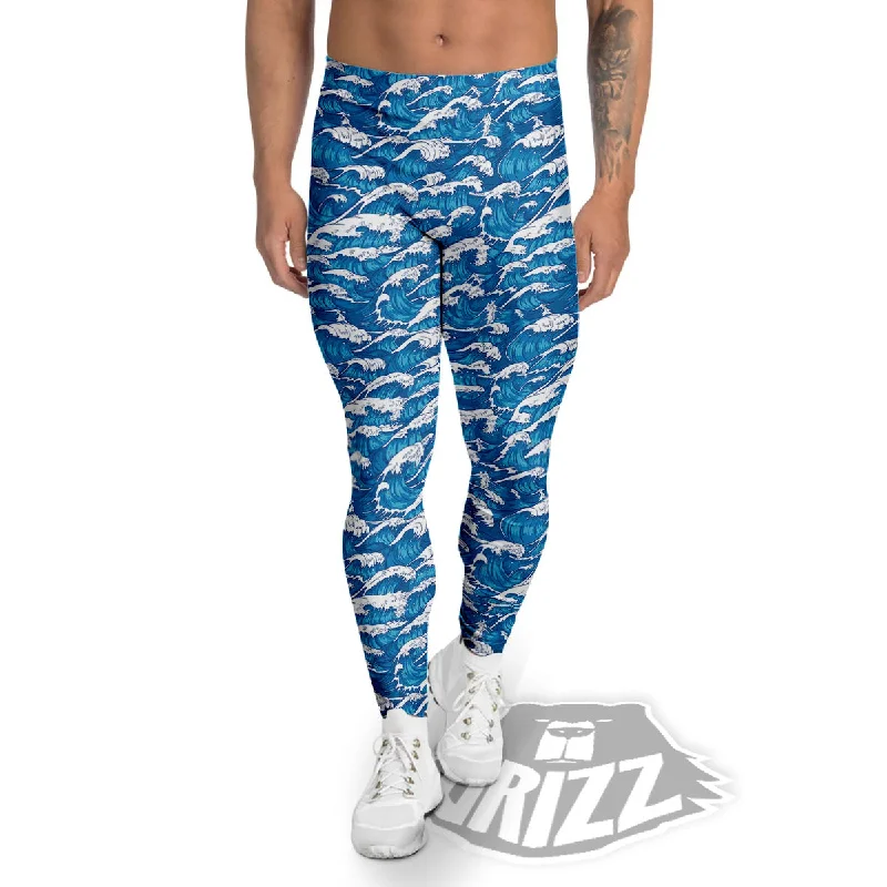 Price Meltdown Surfing Wave Blue Print Pattern Men's Leggings
