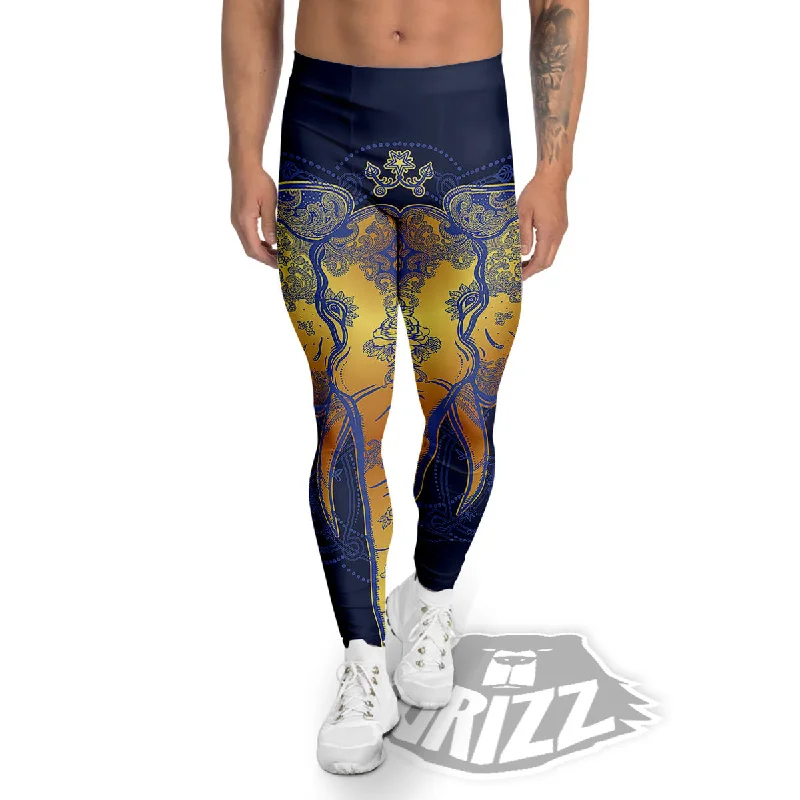 Weekend Deal Tribal Elephant Gold And Blue Print Men's Leggings