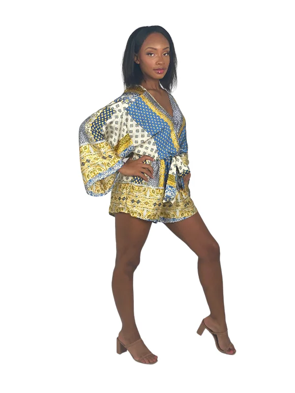 Exclusive Online Offer Blue And Gold Kimono Sleeve Romper
