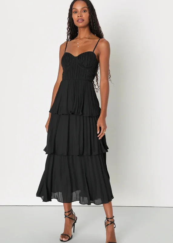 Deal Dash Cascading Crush Tiered Bustier Midi Dress - Black