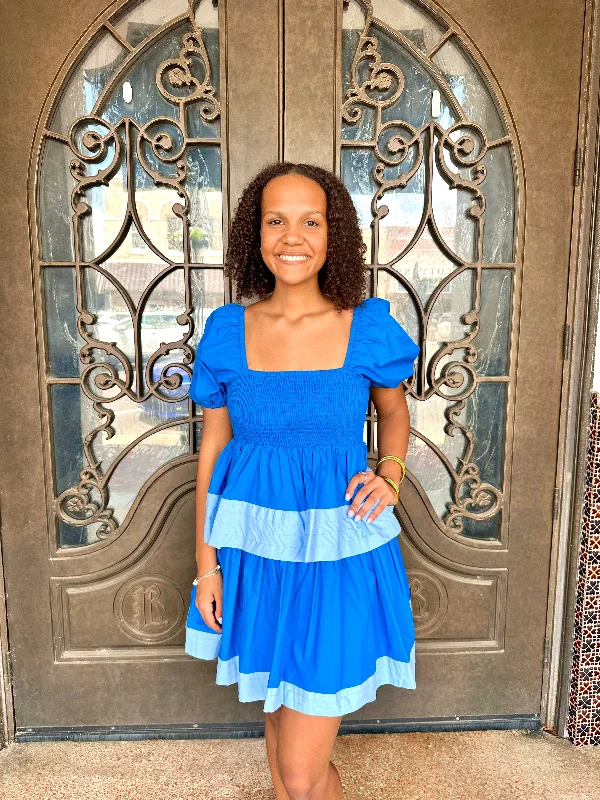 Grand Opening Sale Colorblock Smocked Tiered Mini Dress