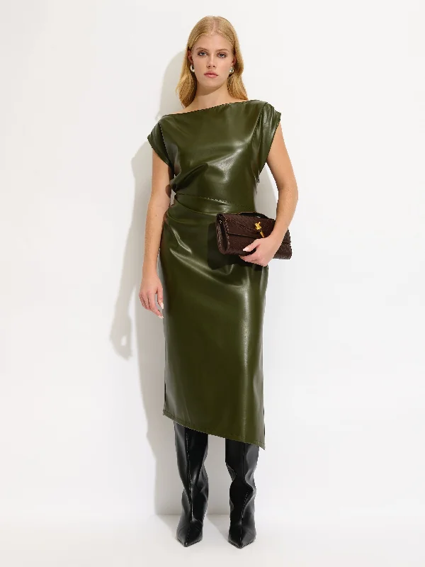Online Only Gathered Vegan Leather Dress