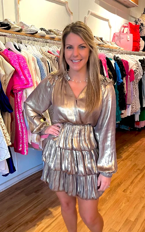 Discount Deals Gold Metallic Tiered Mini Dress